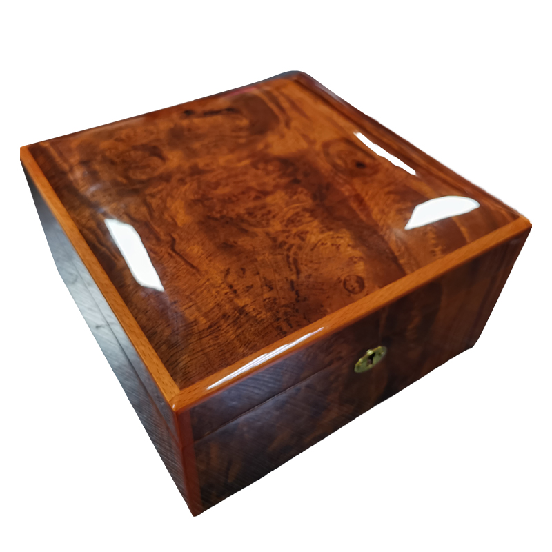 Custom Luxurious Wooden Box Manufacturer High Gloss Lacquer Tree Burl Wooden Watch Box Design Moveable Watch Tray w/storage box